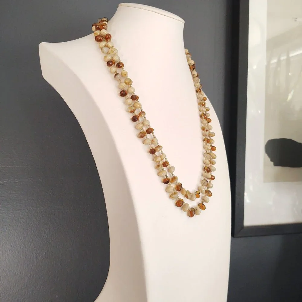 Honey, amber, beige, cream and cognac glass beaded necklace w/seed bead …